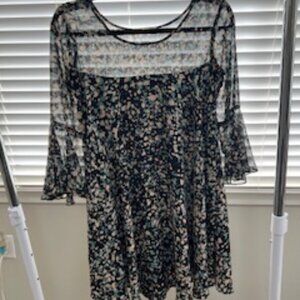 Flowy, short, black, cream, blue, petite XS, Paper Crown dress (Anthropologie)